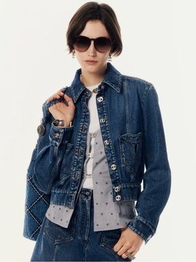 CHANEL 24P CC HEART COTTON EMBELLISHED JEAN JACKET SIZE FR 36 / US 4